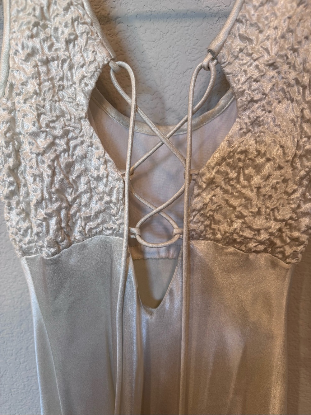 Vintage Cache Off-White Satin Maxi Dress | Small | Crinkled Bodice | Formal - Picture 6 of 9